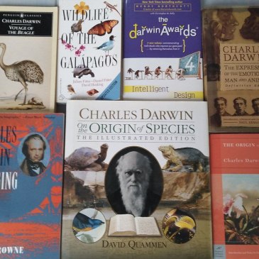Seven books by and about Charles Darwin laid out on a tiled floor, among them the Barnes & Noble Classics edition of The Origin of Species, with an orchid on its cover