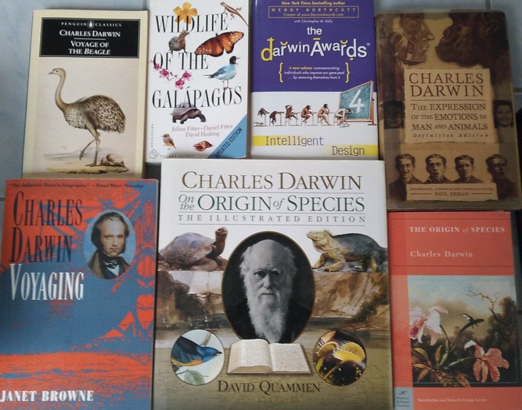 Seven books by and about Charles Darwin laid out on a tiled floor, among them the Barnes & Noble Classics edition of The Origin of Species, with an orchid on its cover