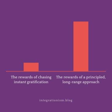 Bar chart: a short orange bar labelled “The rewards of chasing instant gratification” beside a much taller bar labelled “The rewards of a principled, long-range approach”
